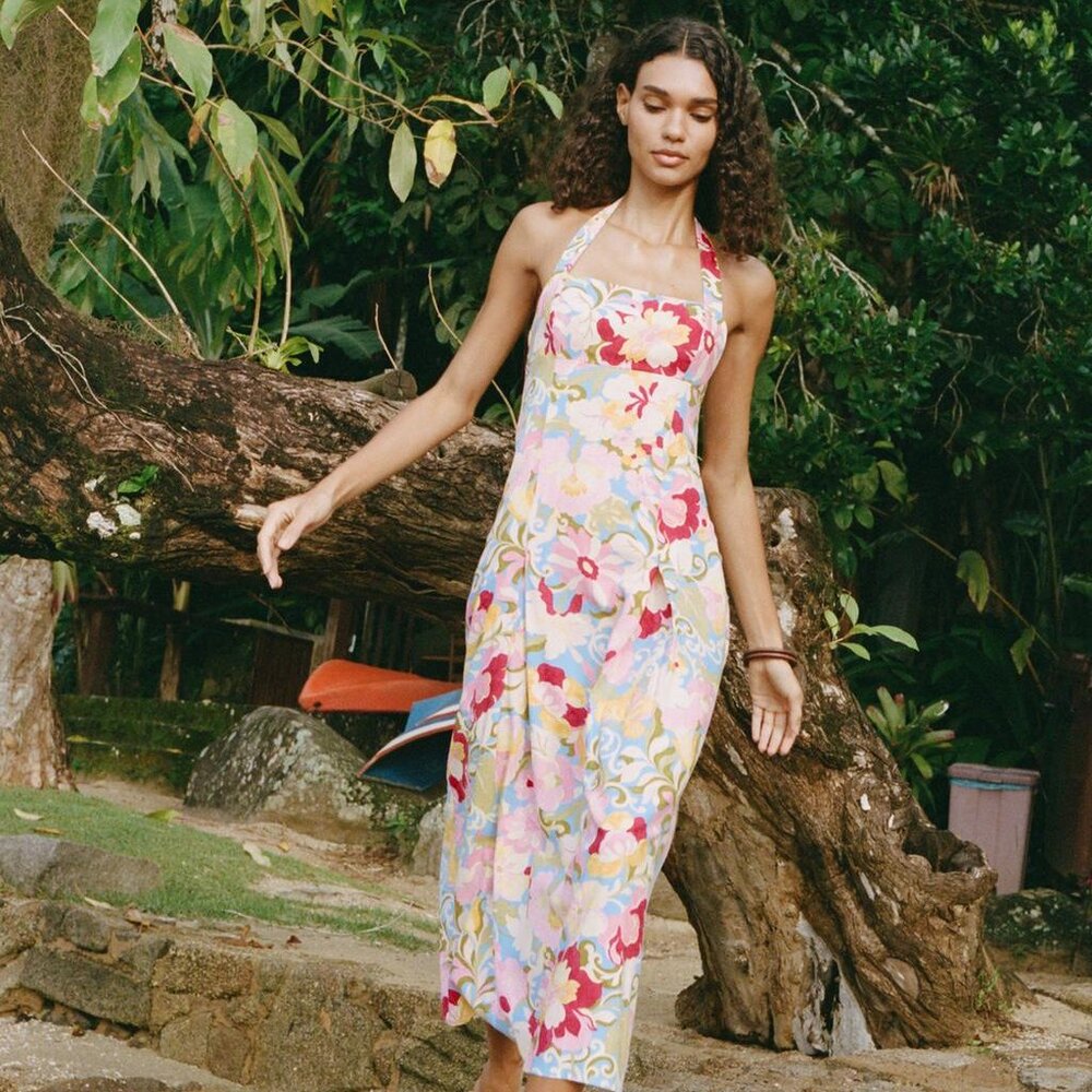 Zara Printed Linen Blend Midi Dress Halter Neck Floral Summer Beachy Size L